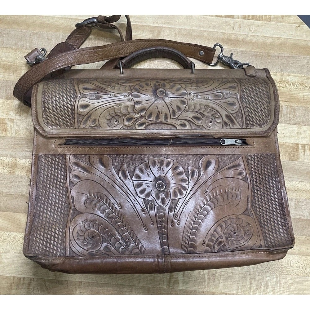 Vintage American West Tooled Leather Briefcase Messenger Laptop Bag Brown USA